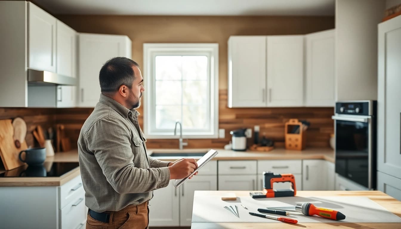 Enhance your home with Cabinet Refacing Saint Petersburg FL showcasing a skilled craftsman refinishing kitchen cabinets.