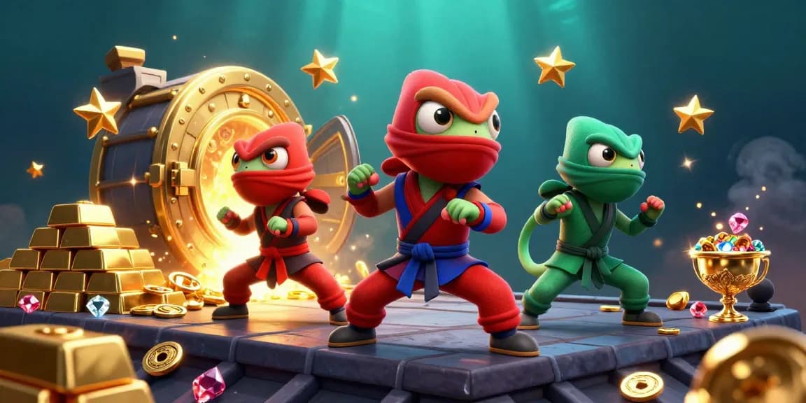 Experience the excitement of gg88 with ninja chameleons amidst treasure and vibrant casino elements.