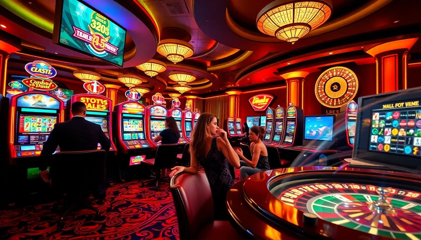 Exciting casino scene with vibrant idnslot machines and roulette wheel, depicting thrill and luxury.