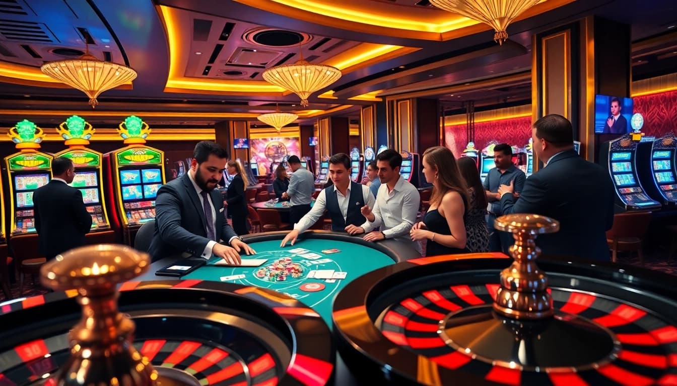 Immersive scene showcasing Typhu88 with players engaging at a blackjack table in an upscale casino.