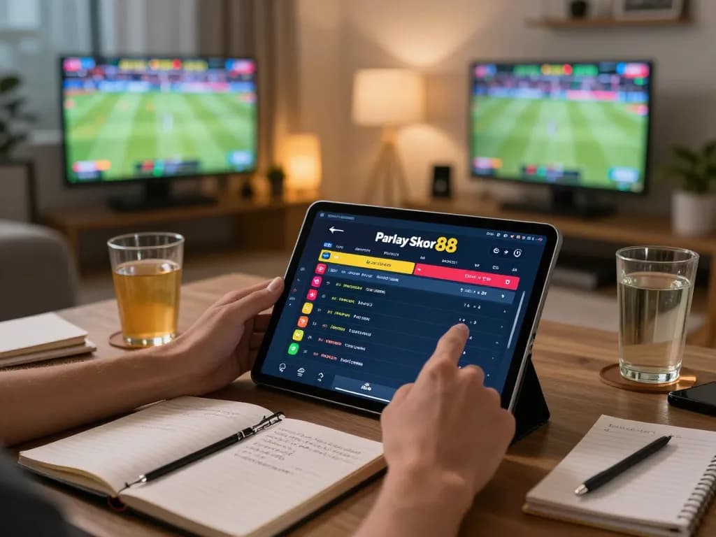 Placing bets on Parlay Skor88 in a cozy living room with live sports on screen