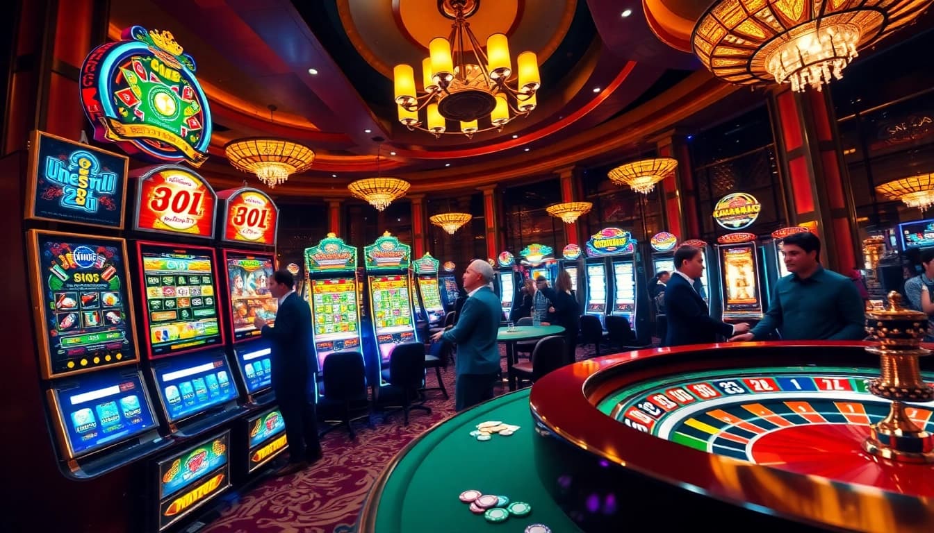 Gamblers enjoying various slot888 machines in a vibrant casino setting with lively atmosphere.