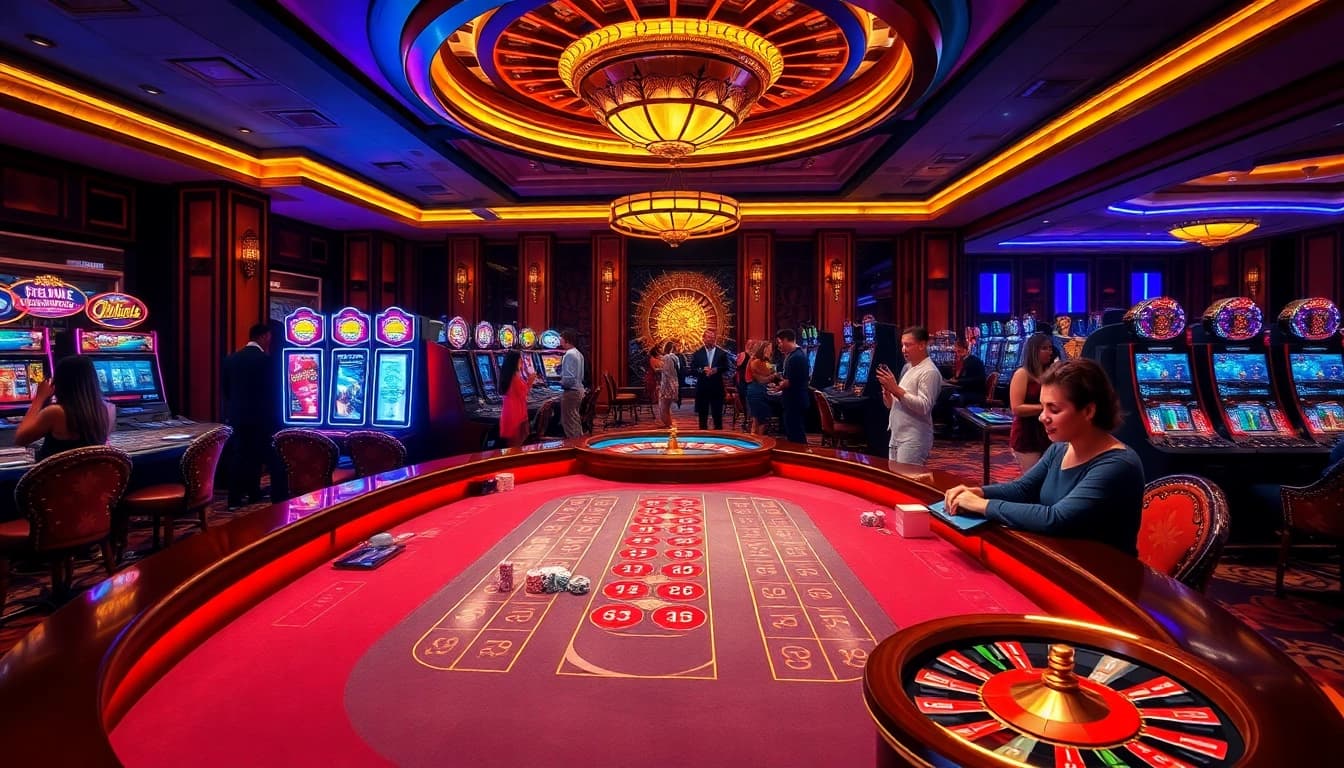 Okking players enjoying vibrant casino action at a baccarat table and slot machines.