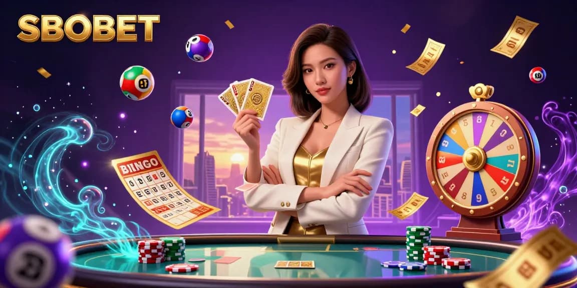 SBOBET promotes dynamic betting experiences with vibrant elements and a powerful businesswoman leading the scene.