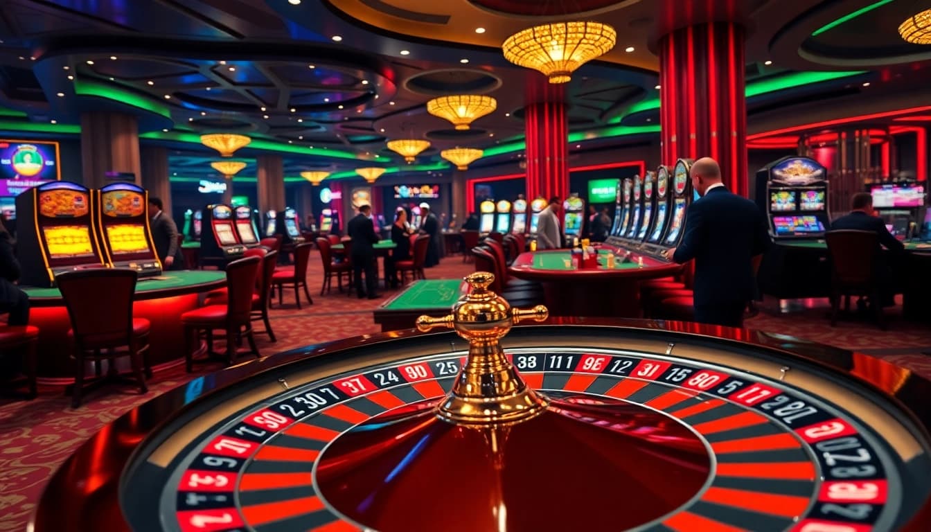 Experience excitement at uu88 casino with vibrant gaming tables, dealers, and colorful chips in a luxurious setting.