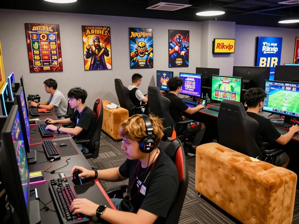 Engaged players enjoying Cổng game Rikvip in a vibrant gaming lounge, showcasing excitement and modern gaming atmosphere.