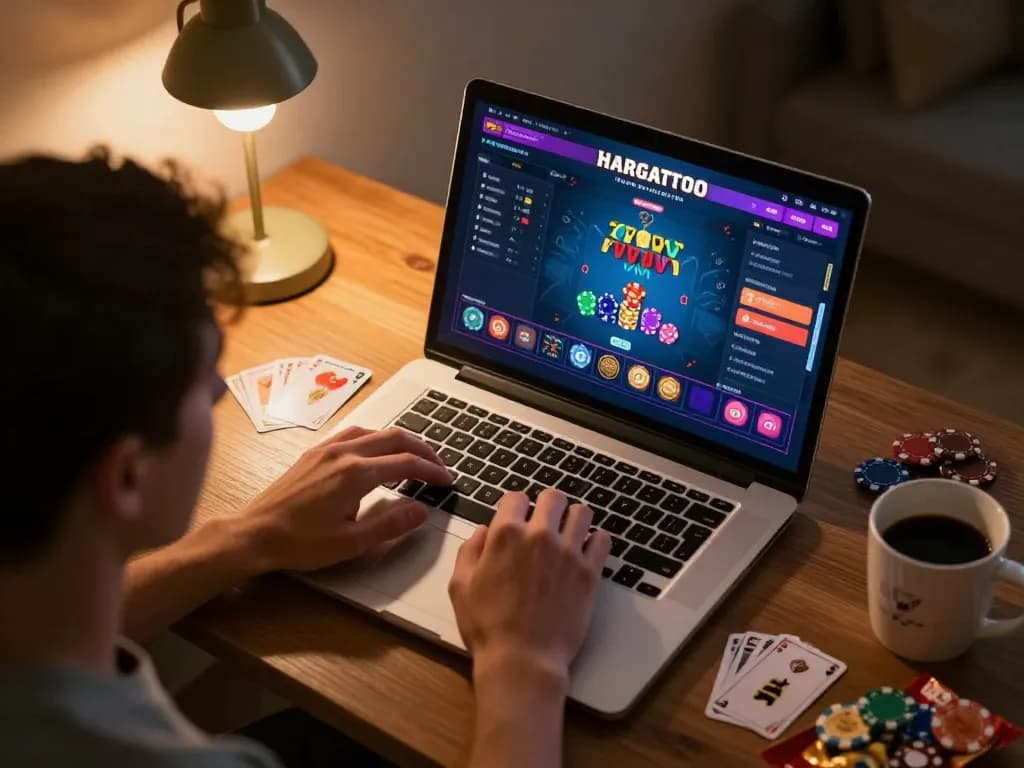 Player engaging with HARGATOTO online gaming platform at home, showcasing strategic moments and immersive atmosphere.