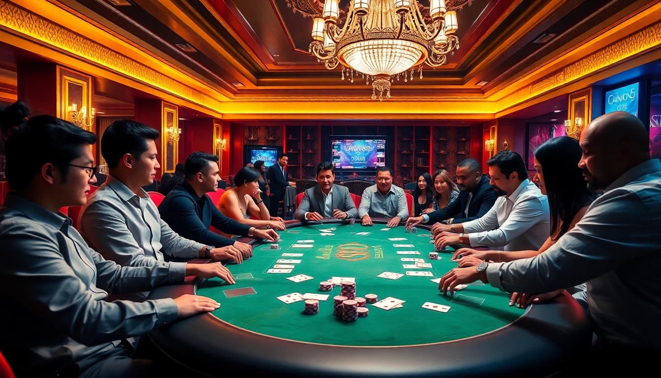 Engaging poker players at a luxurious casino table showcasing excitement and BDTK1 themed decor.