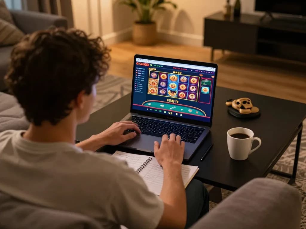 Gamer engaged in slot games on GG88 at home, showcasing a casual yet strategic gaming environment