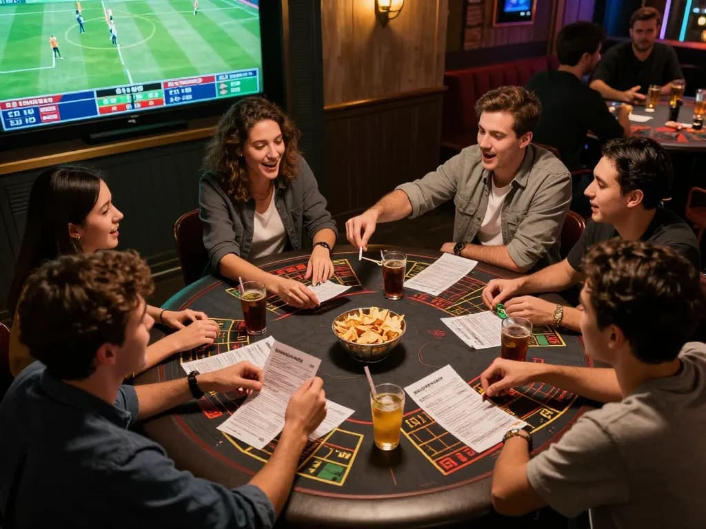 Friends enjoying live sports betting with JUN88 app on screen, emphasizing excitement and strategy.