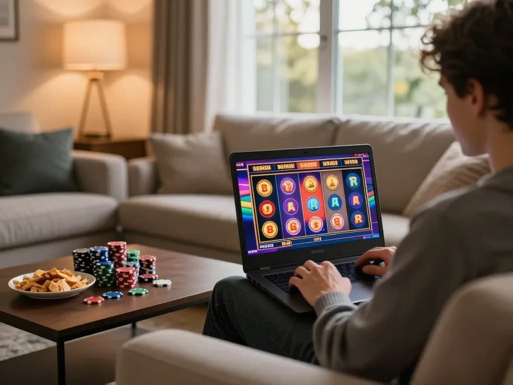 Permainan yang menarik di vt789 melalui laptop dan grafis mesin slot yang cerah dalam suasana rumah yang nyaman.