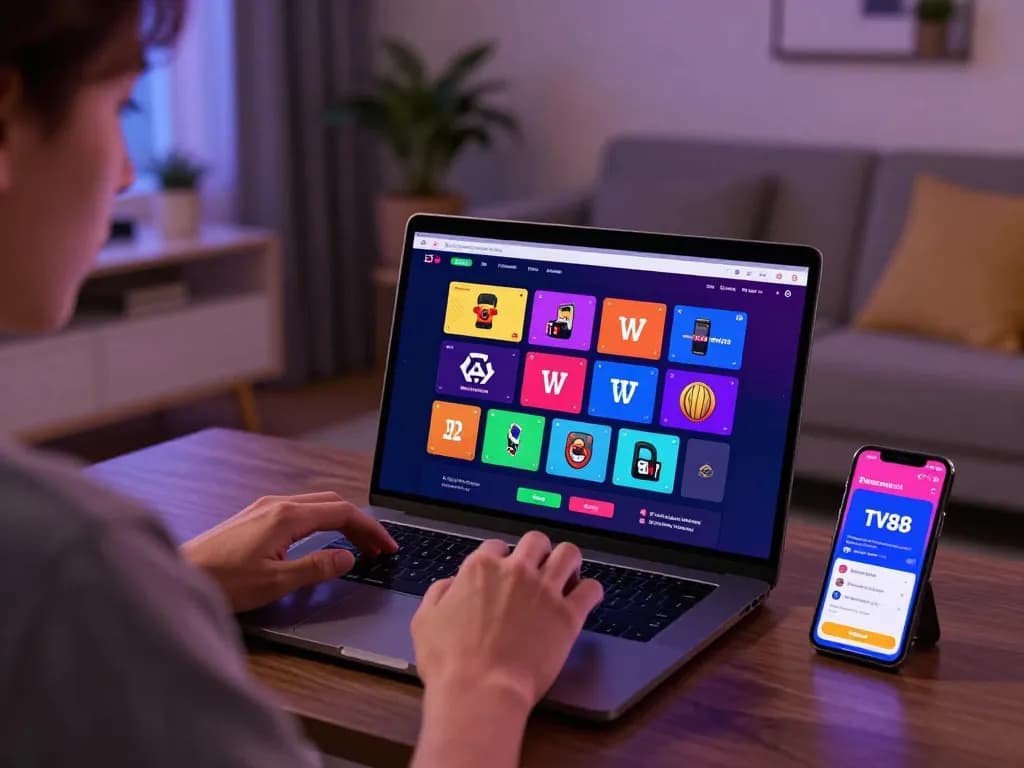 Engaged user interacting with TV88 betting platform on a laptop, vibrant online gaming experience.