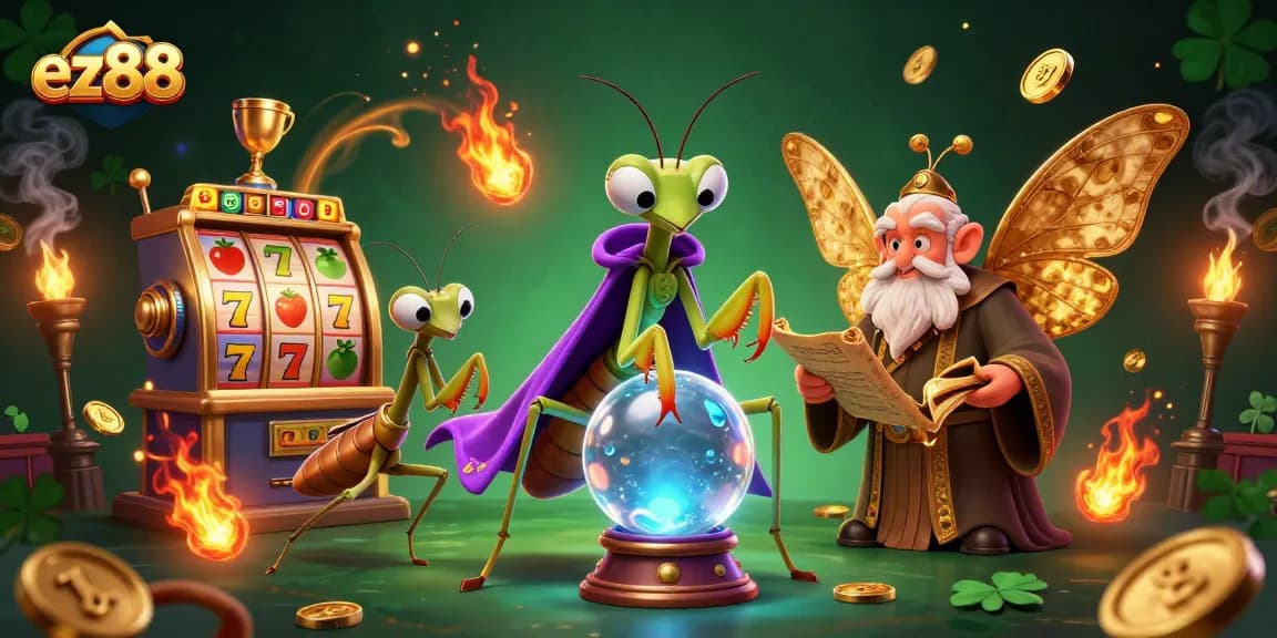Spin to win with ez88 in a vibrant, mystical casino scene featuring lucky symbols and fortune telling.