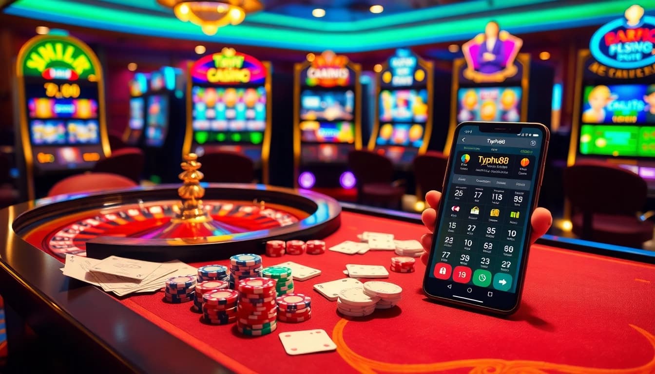 Players enjoying the thrilling gaming experience at Typhu88, featuring poker games and luxury slot machines.