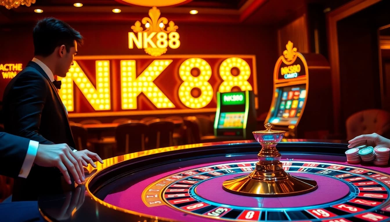 NK88 players enjoying a lively roulette game amidst stacks of colorful chips and opulent decor.