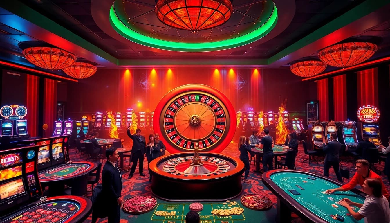 Players enjoying high-stakes games at Thabet’s luxurious casino, featuring roulette and poker tables.