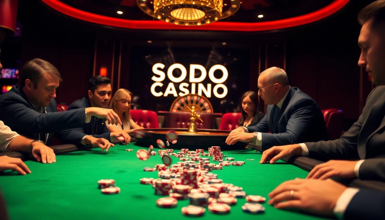 SODO CASINO poker players engage in a thrilling game at an elegant table with vibrant chips and roulette.