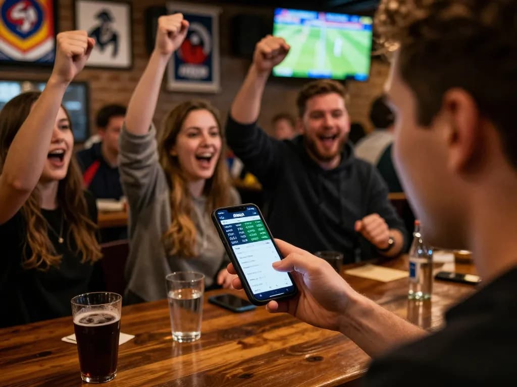 Fans celebrating a big win while using the 8xbet app to place bets during a live sports event