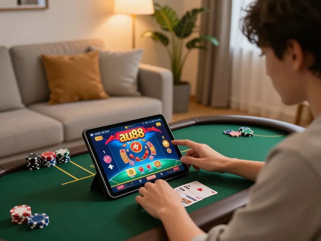 Engaging with au88 live dealer games on tablet in a cozy home gaming setup