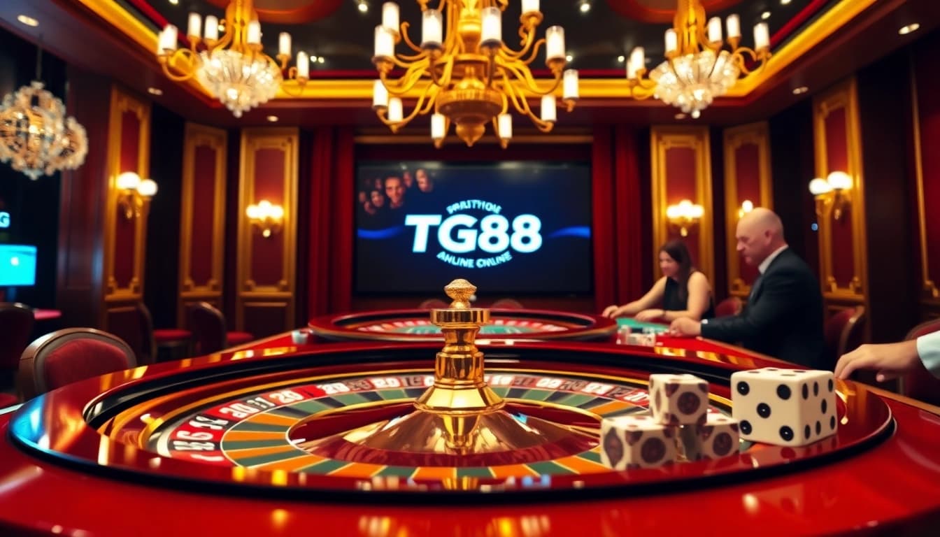 Exciting gambling action at TG88 casino with roulette and poker chips on display.