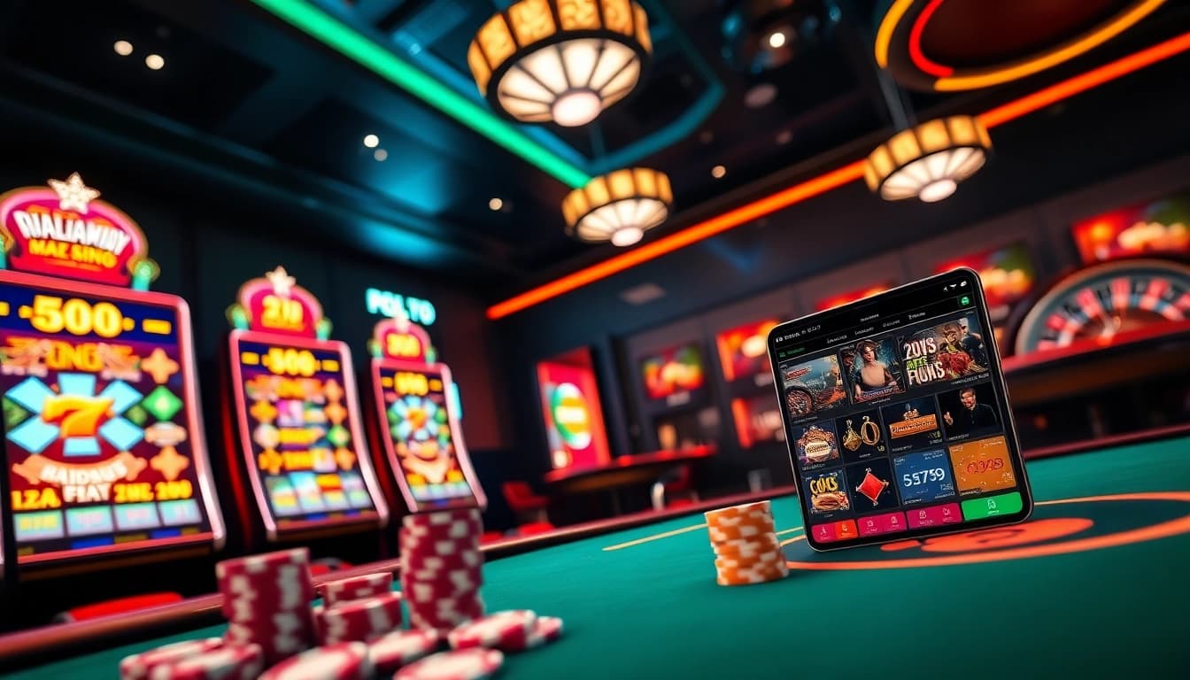 Experience the thrill of RAJAGACOR's online gaming with vibrant slot machines and casino elements.