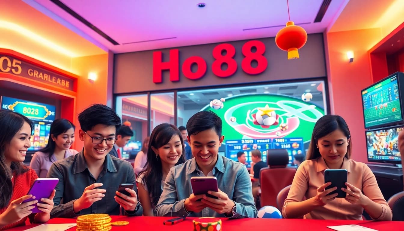 Exciting Ho88 online gambling experience with players enjoying games in a vibrant, cultural setting.