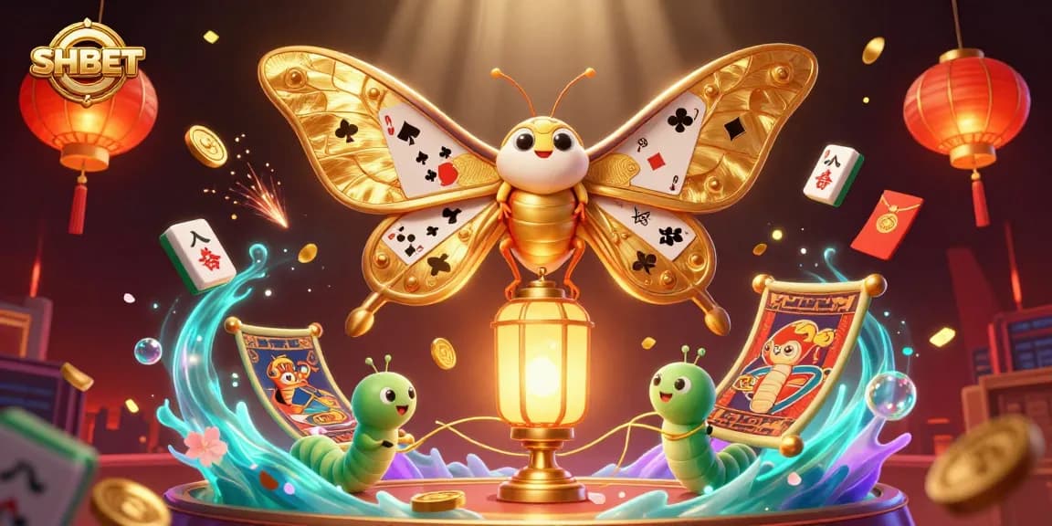 Bet on SHBET with dynamic casino-themed 3D elements, colorful moth, and festive details.
