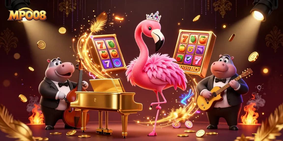 Exciting MPO08 casino illustration showcasing vibrant characters and slot game elements in a lively atmosphere.