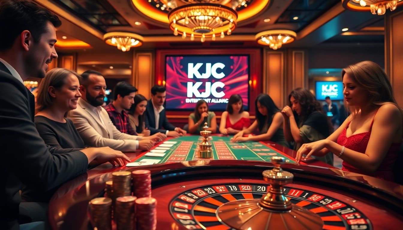 KJC casino players enjoying an exciting game at a luxurious table, surrounded by vibrant atmosphere.