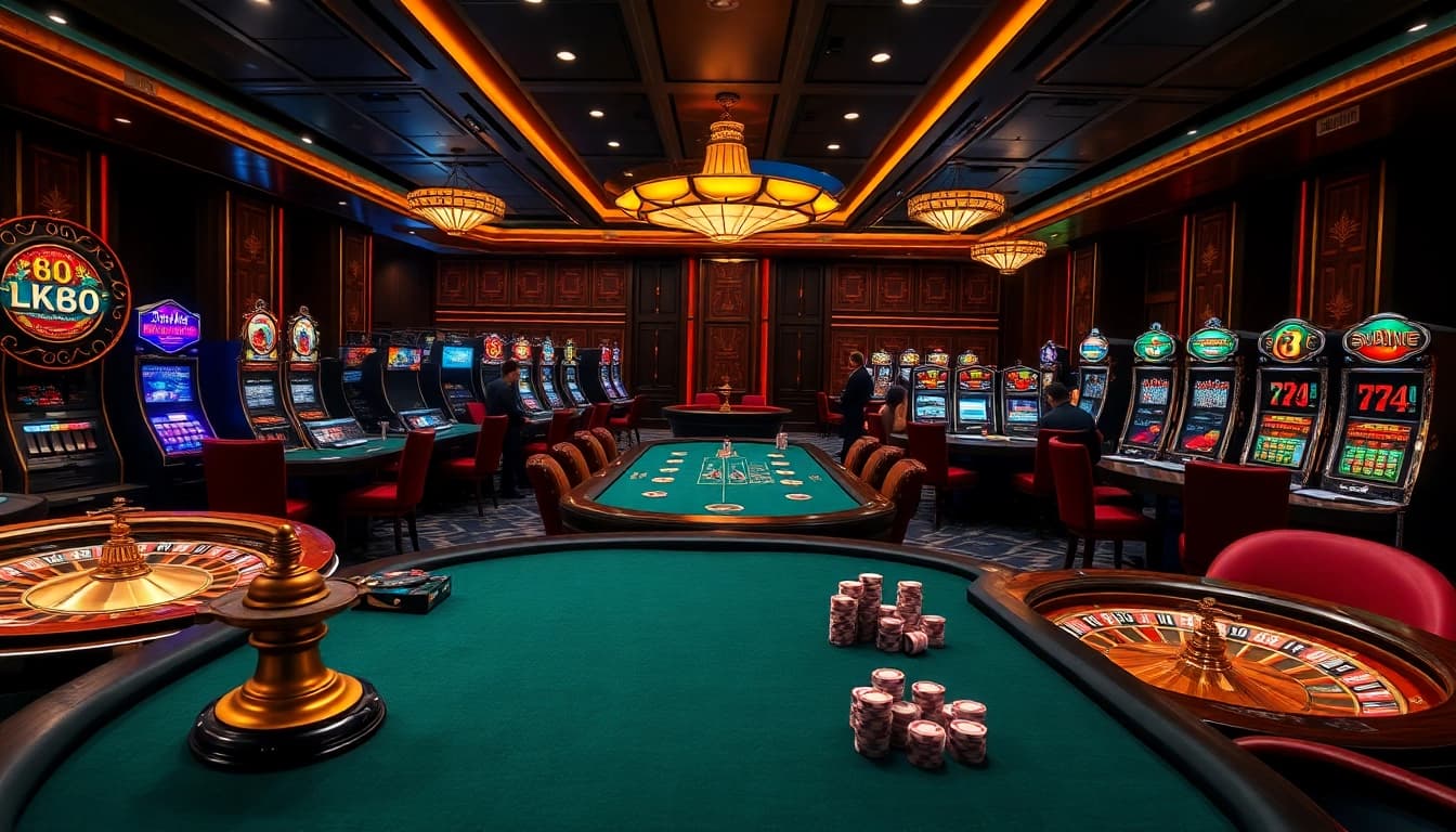 Players enjoy high-stakes games at a luxurious tk88 casino table, featuring vibrant slot machines and roulette wheels.