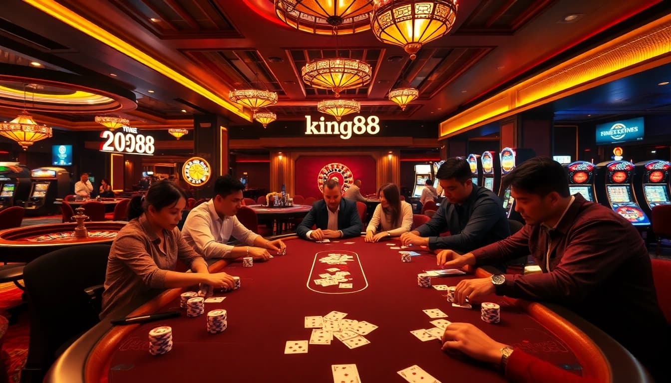 Gamblers enjoying an exhilarating game at king88 casino poker table, surrounded by vibrant slot machines.