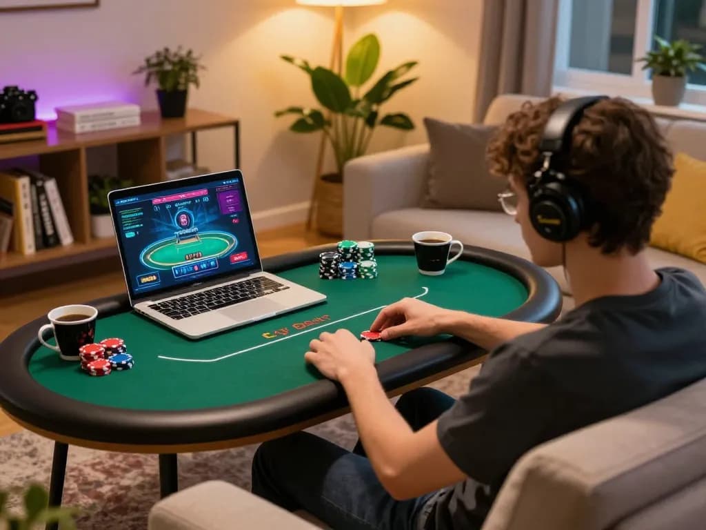 Engaging online poker session with man88a on display, showcasing strategic gameplay at home.