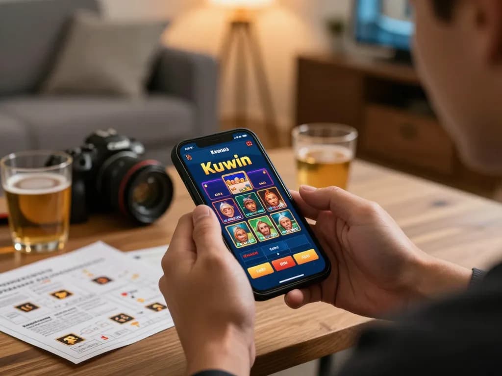 Kuwin player engaging in casino app on smartphone, showcasing responsible gaming habits.