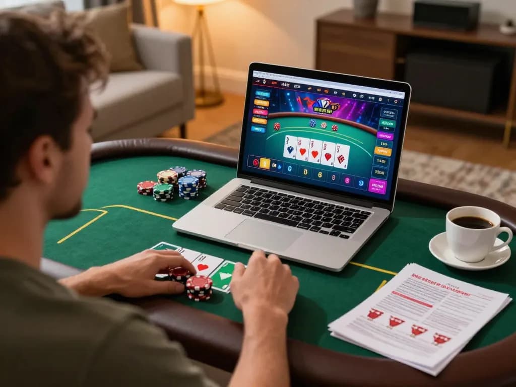 Player enjoying a live dealer poker game on B52CLUB, surrounded by strategy notes, creating a cozy gaming atmosphere.