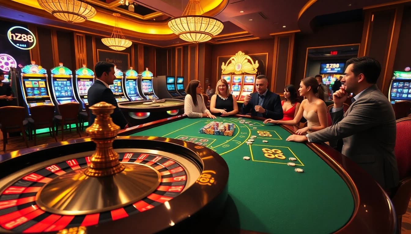 Exciting casino scene featuring a roulette table and slot machines, promoting hz88 gaming experience.