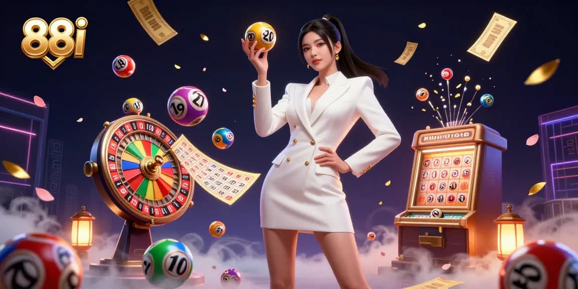 Engage with 88i's dynamic casino scene featuring lottery balls, bingo cards, and thrilling gaming elements.