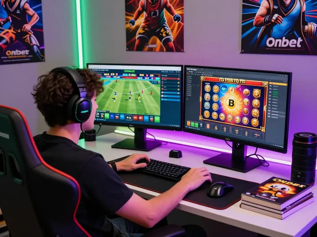 Player enjoying Onbet gaming experience with vibrant visuals and sports betting interface.