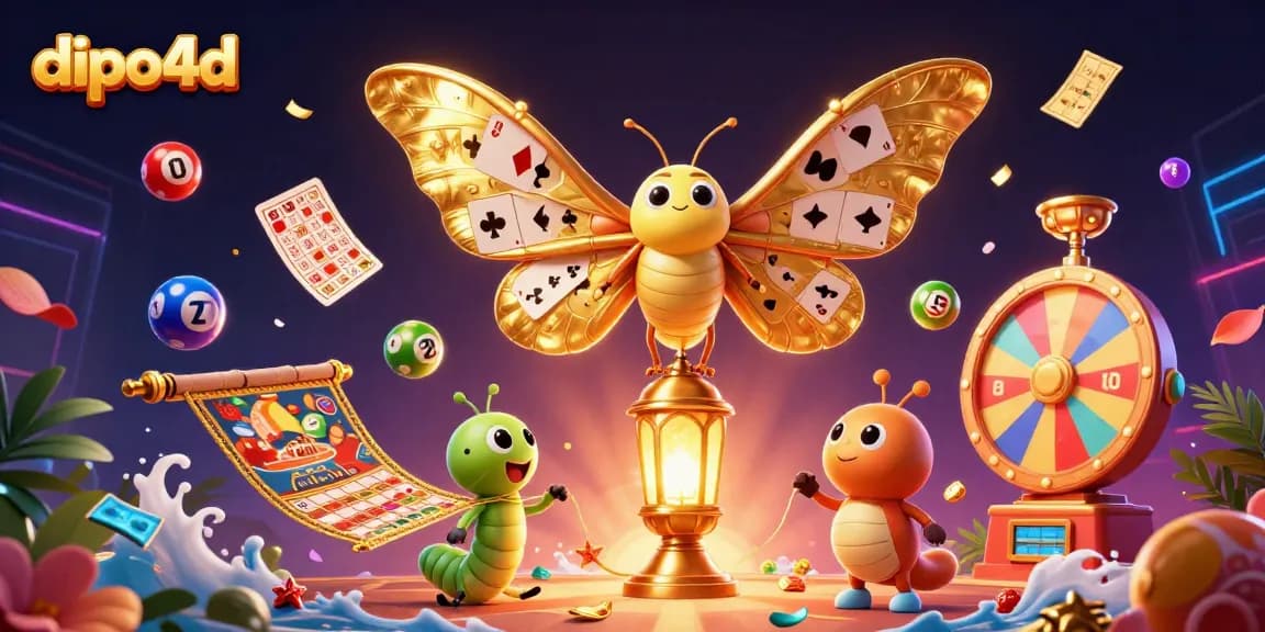 Menangkan permainan dipo4d dengan keberuntungan atlas moth bersayap emas dan bola lotere berwarna.