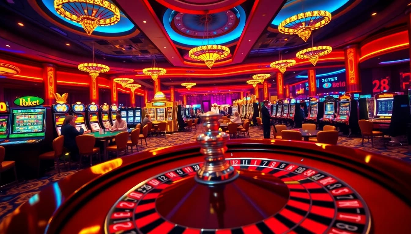 Experience the excitement of 28bet with vibrant casino gaming tables and slot machines.