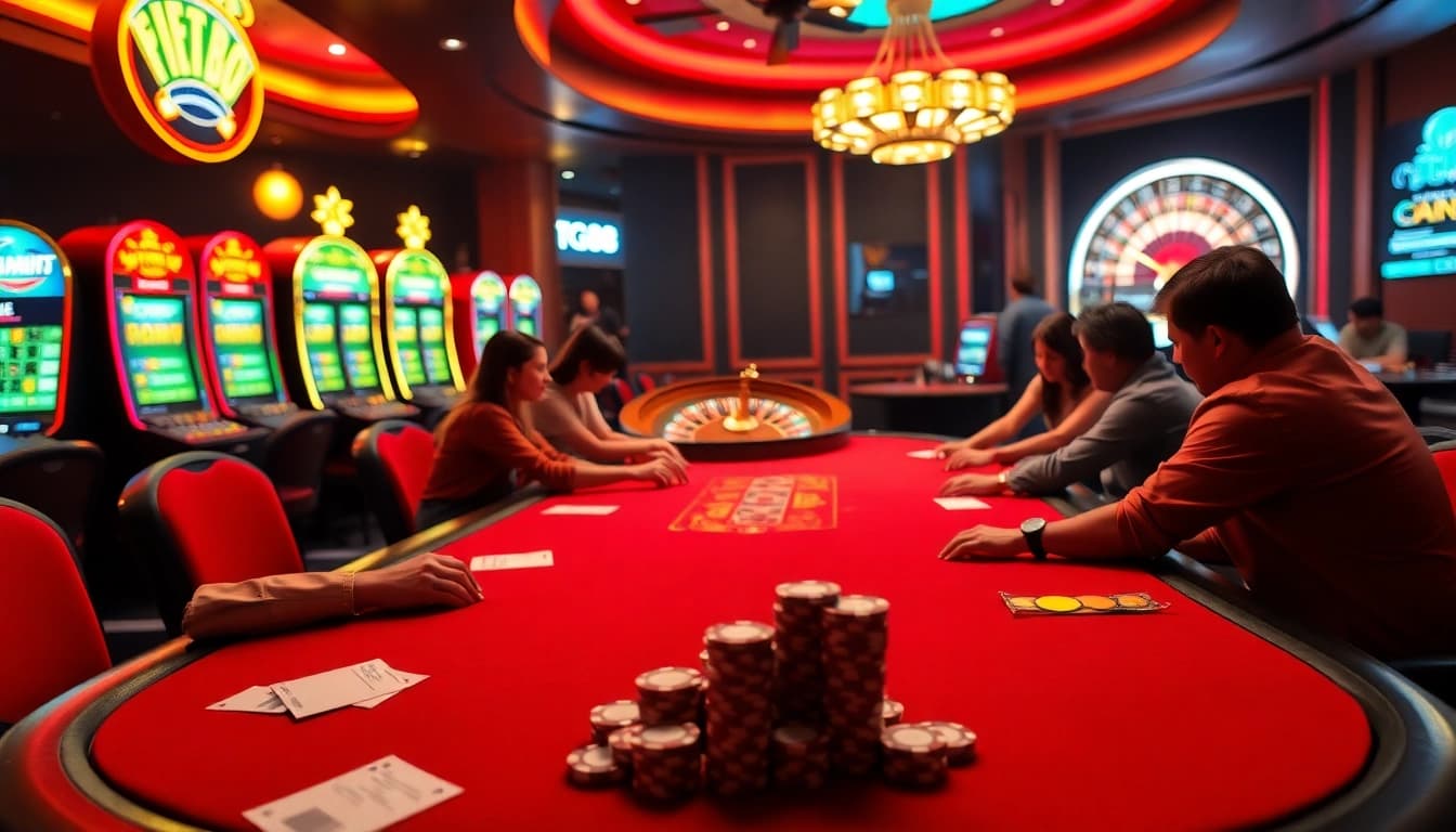 Experience thrilling gameplay at tg88's luxurious casino filled with poker tables and slot machines.