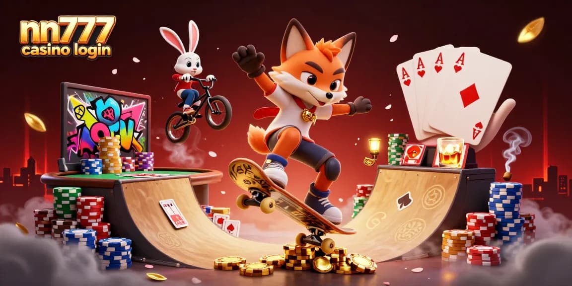 Join the action with nn777 casino login as a skateboarder fox performs stunts over golden poker chips surrounded by vibrant casino elements.