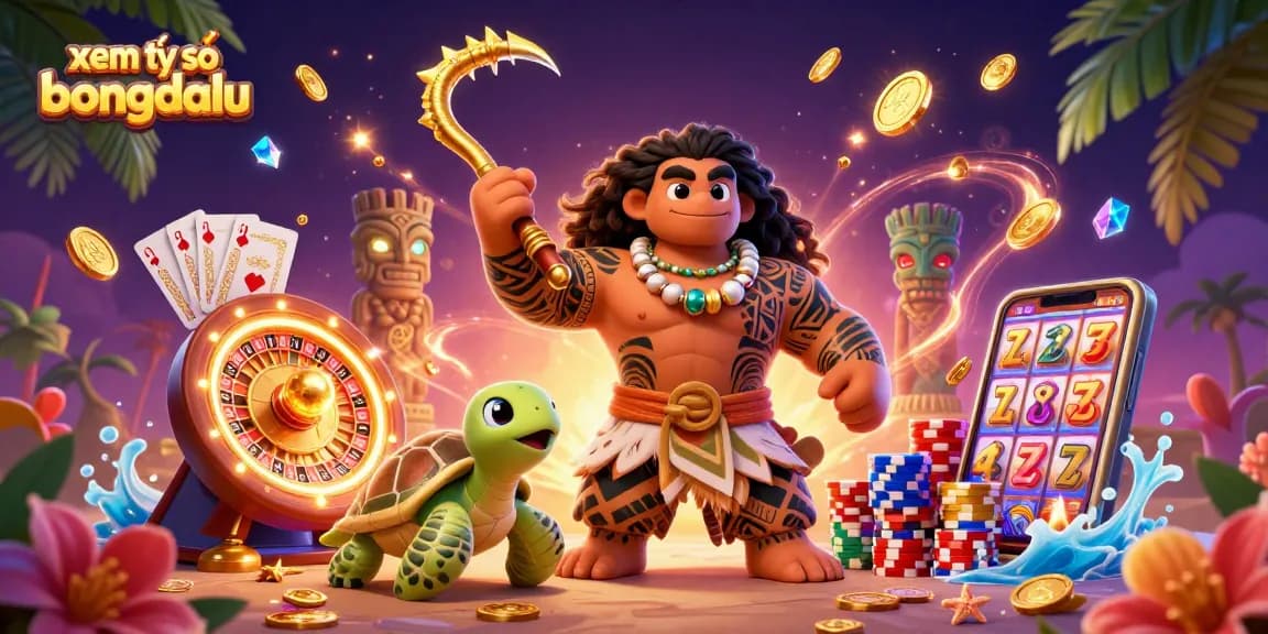 Watch xem tỷ số bongdalu featuring a 3D cartoon demigod and turtle amidst glowing casino elements.