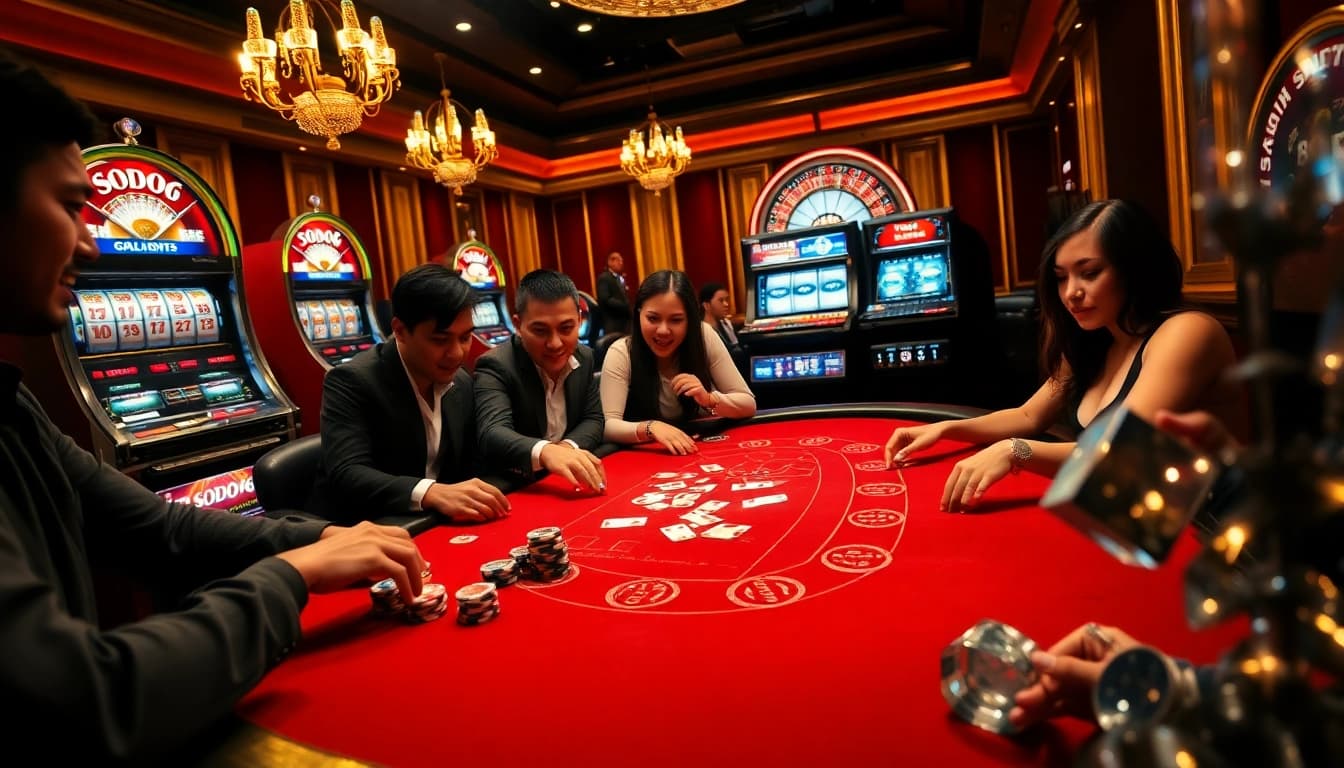 SODO66 casino table with vibrant poker chips and cards, showcasing an exciting gambling atmosphere.