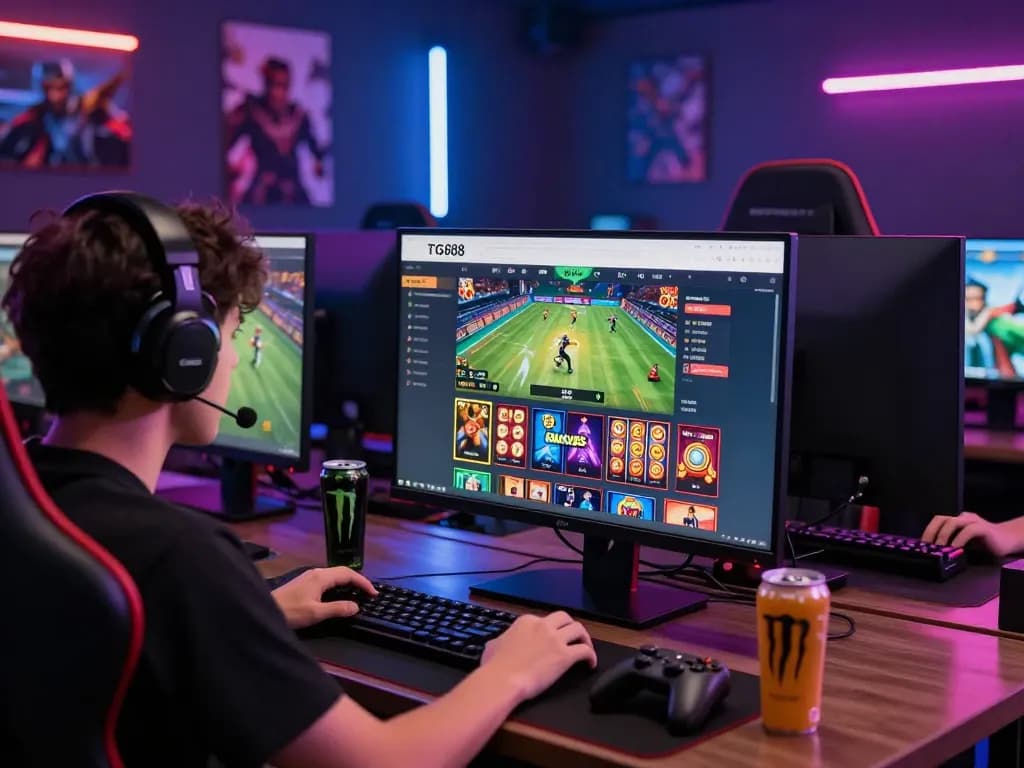 Engaged player interacting with TG88 online gaming platform in a vibrant setting, highlighting excitement and user-friendly features.