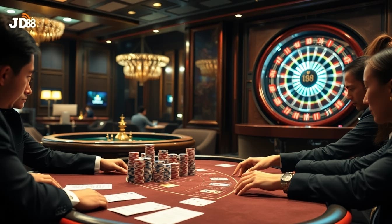 Người chơi tham gia tại bàn poker cược cao trong cảnh casino Nhà cái JD88.