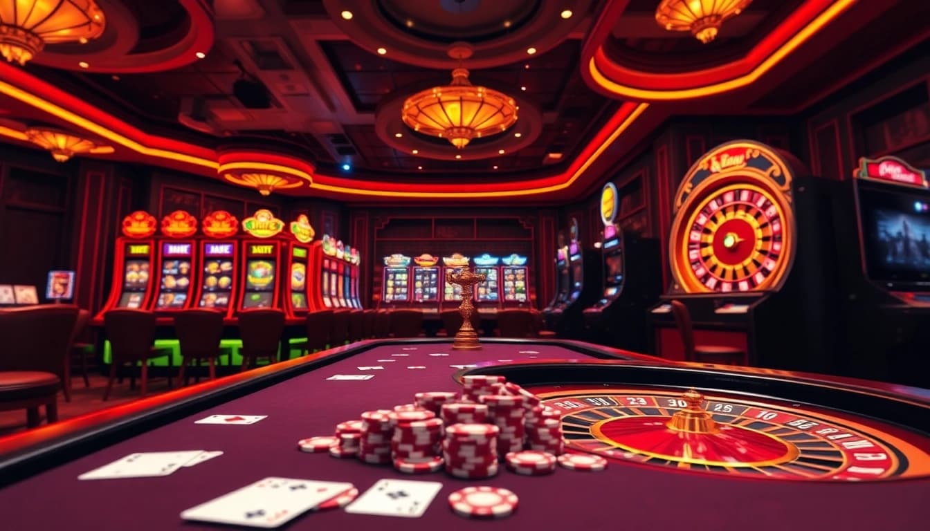 Experience the thrill of online gambling at https://go88app.cn.com/ with vibrant casino visuals showcasing poker tables and slot machines.