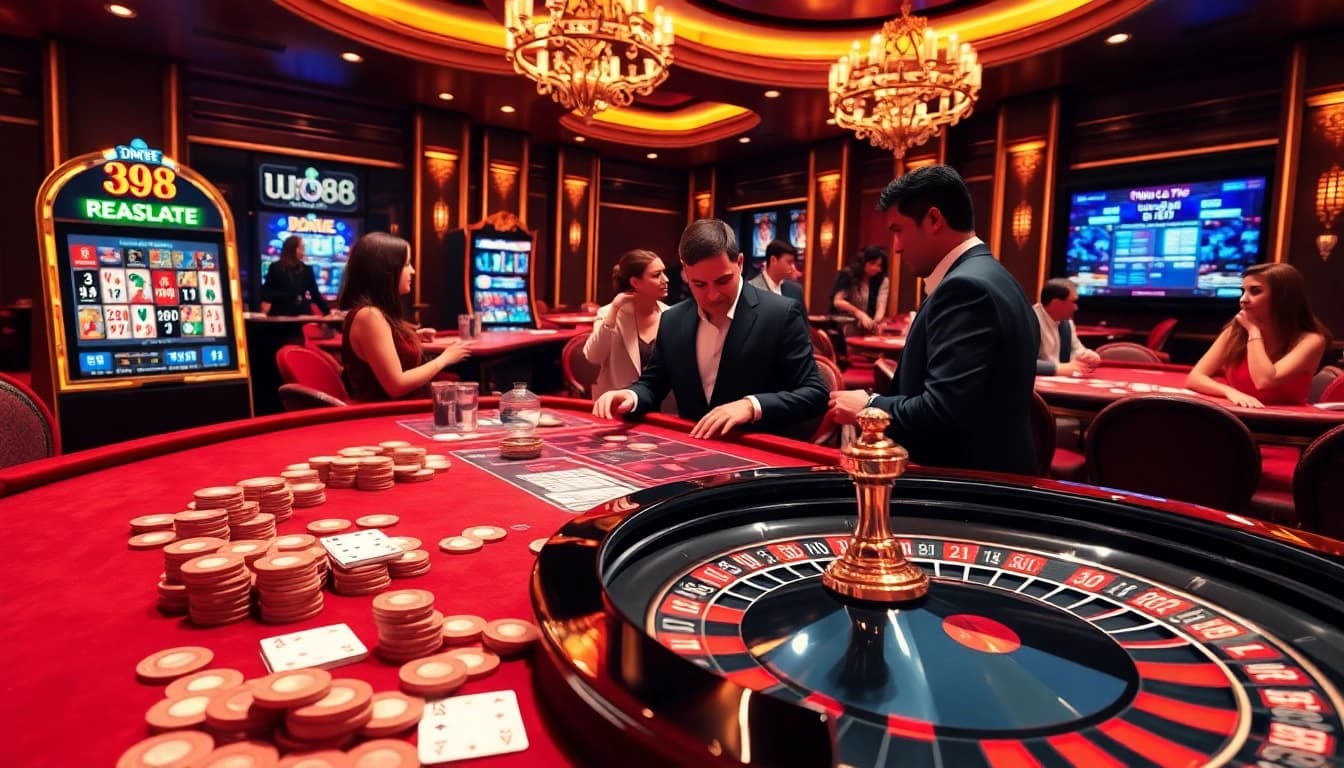 Engaging players at a luxury table in Nhà cái uu88 casino, showcasing excitement in gambling.