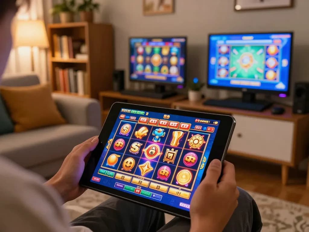 Engaged player enjoying a slot online gacor game on a tablet in a cozy home setup