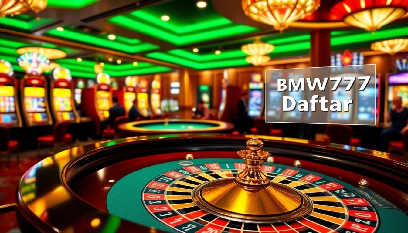 Bmw777 Daftar showcased on a vibrant casino table with players and slot machines.