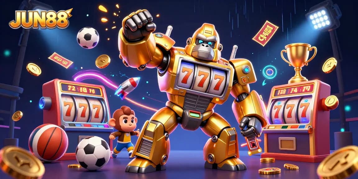 Experience the thrill of JUN88 gaming with an energetic golden gorilla mech surrounded by iconic casino elements.
